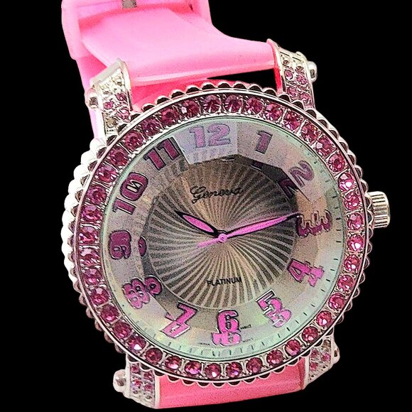 Pink Iced Out Diamond Bezel watch w/ pink CZ stones Silicone band - Picture 6 of 8